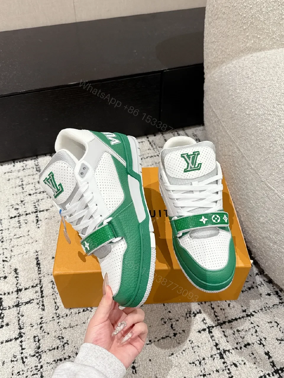 View 3 of White-Green Luxury Trainers: Textured Leather, Midfoot Strap Sneaker