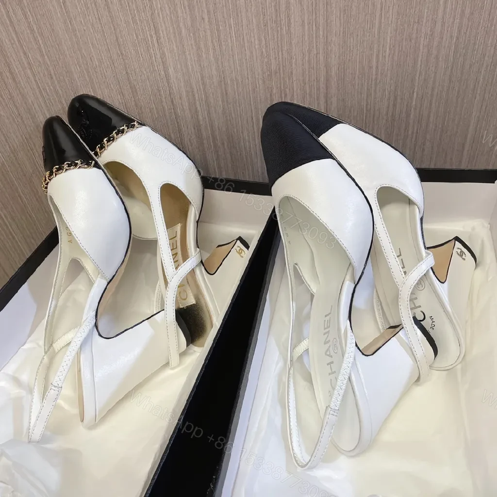 View 8 of Textured Leather Sling-Back Pumps with Chain Detailing