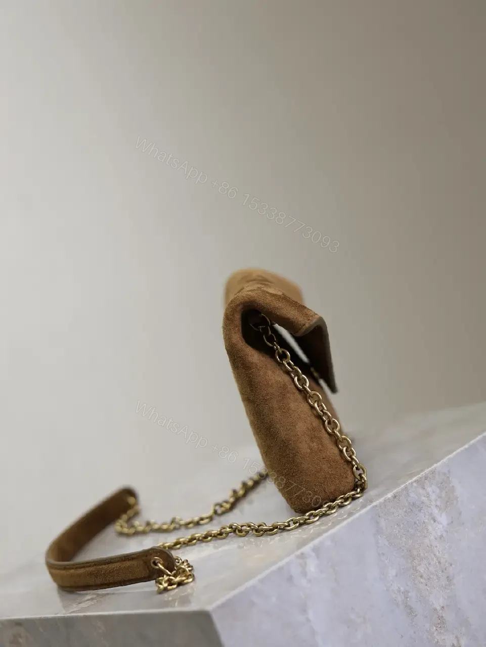 View 2 of Suede Cognac Envelope Bag with Gold Logo Clasp