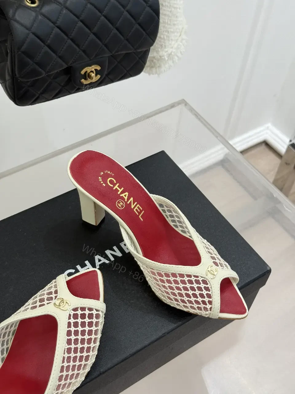 View 3 of White Mesh Heels Red Insole Classic Netted Upper Mule Sandals