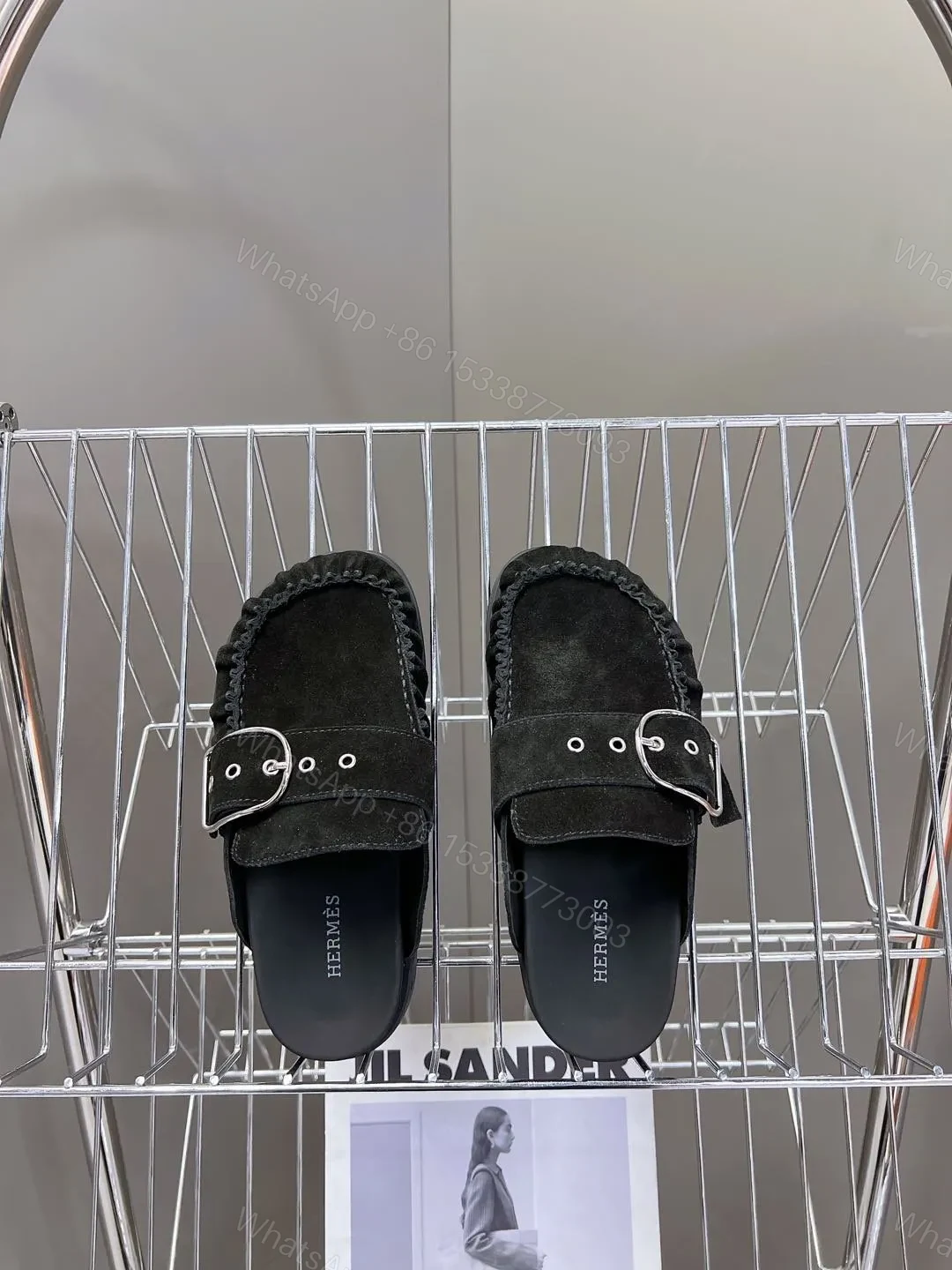 View 6 of Hermes Women Black Suede Buckle Mules