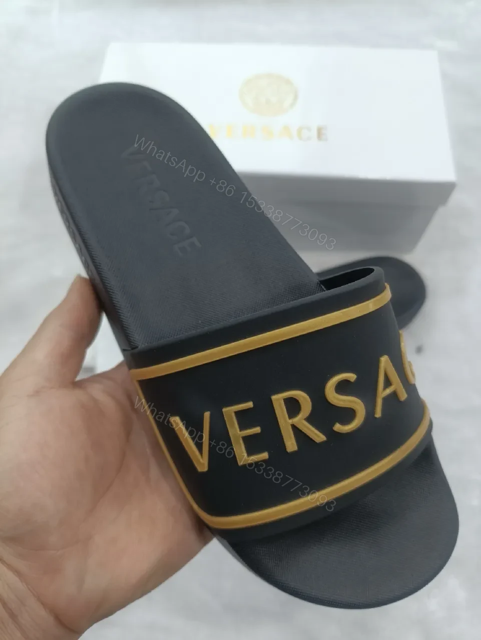 View 9 of Patterned Strap Slides with Gold Accent, Luxe Comfort Sandals