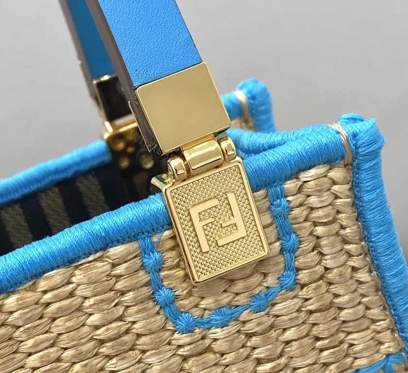 View 7 of Blue Leather-Trim Straw Tote by FENDI ROMA, Luxe Crossbody-Ready