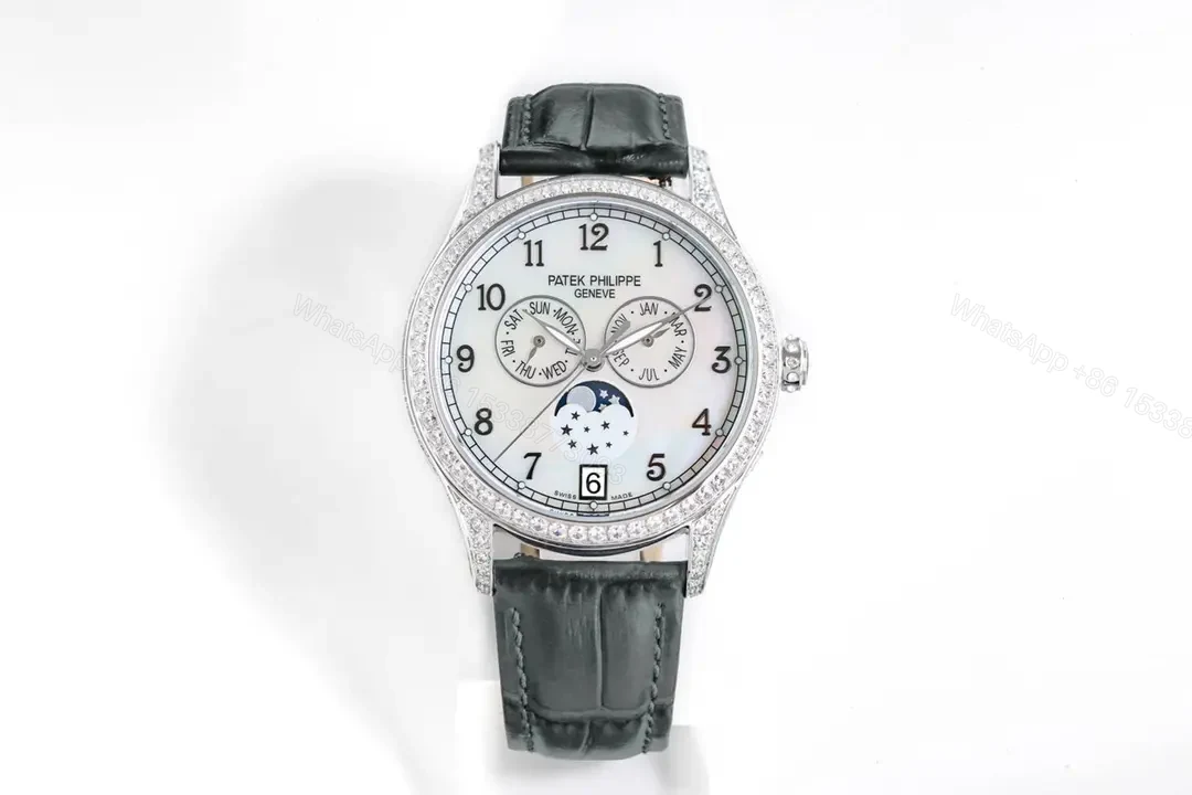 Patek Philippe Complications Annual Calendar Moon Phase Women’s Watch 4947R/4947G 4948R/4948G Rose Gold/White Gold Diamond Set Case Black Leather Strap — view 1
