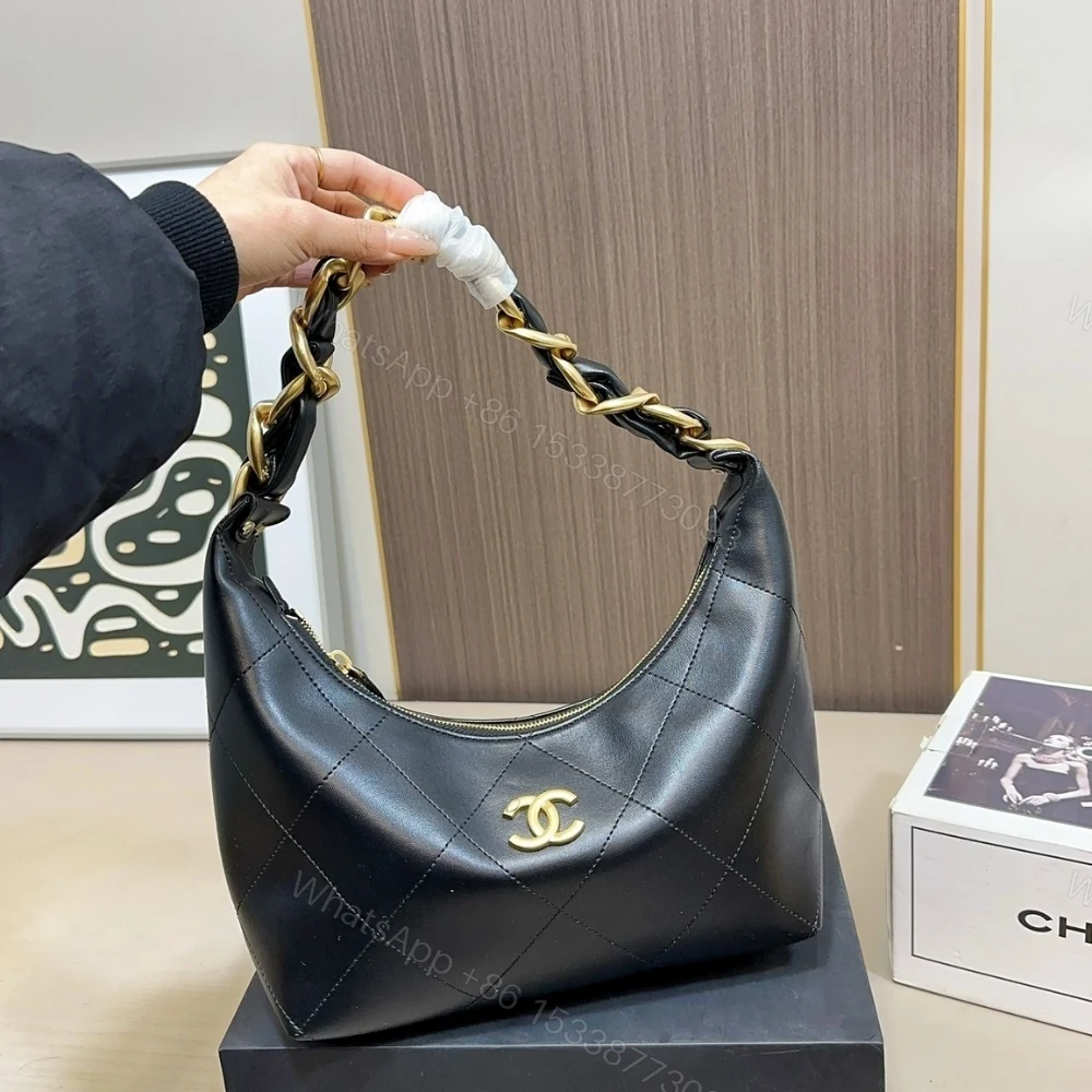 View 2 of Chanel Hobo Handbag Shiny And Gold Tone Metal Black 24Cm