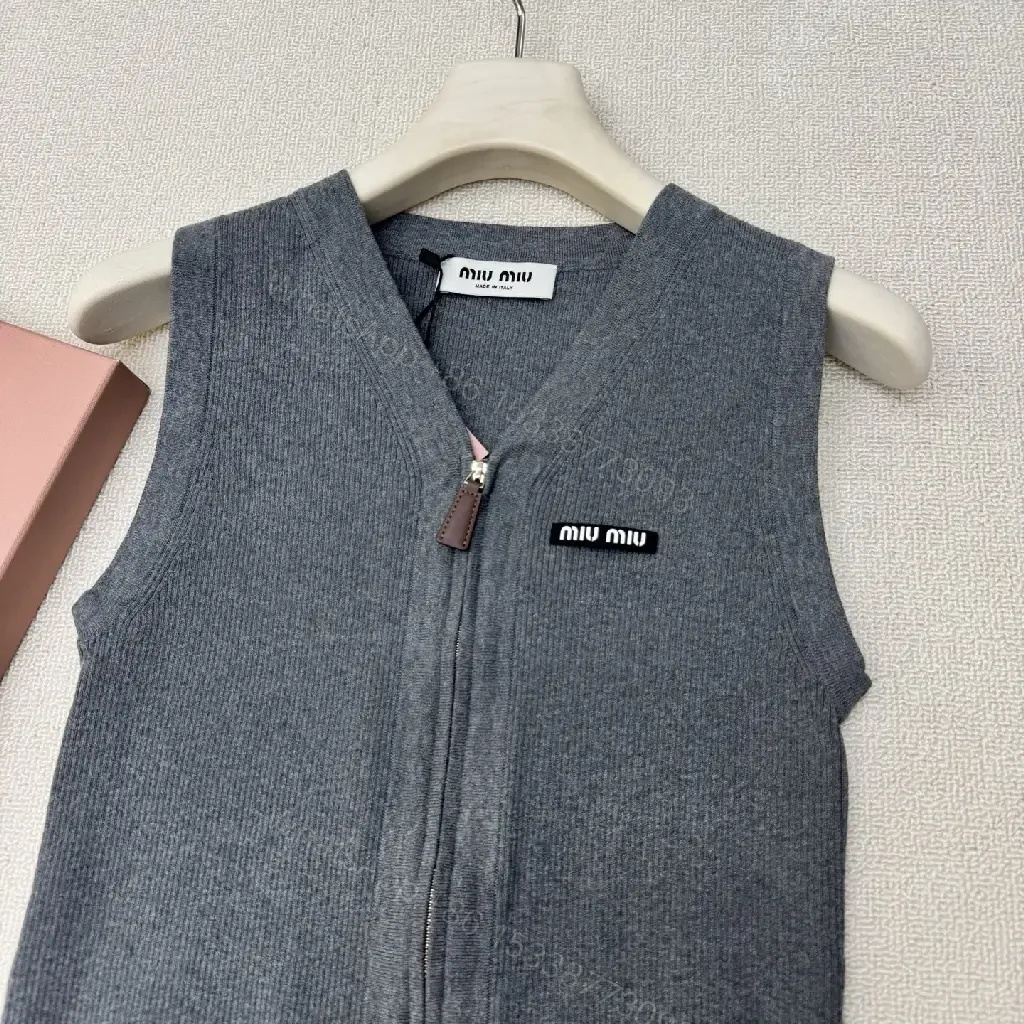 View 10 of Gray Wool Vest Zipper Miu Miu Style Front Pockets Vest
