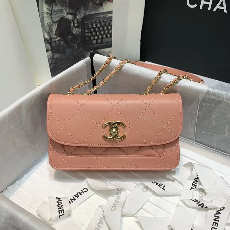 Soft Pink Quilted Lambskin Bag with Chain Strap — view 1