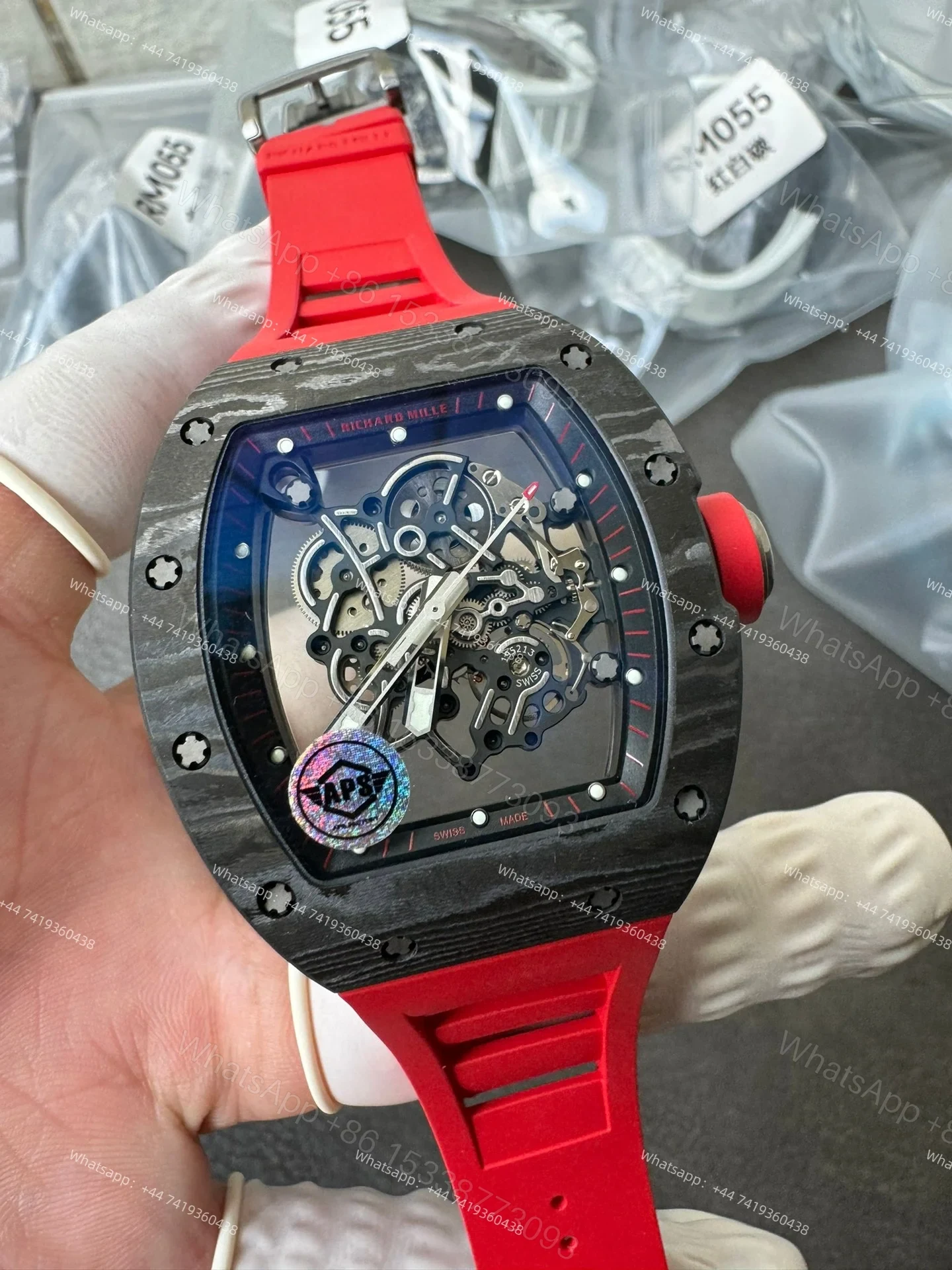 View 4 of Super Clone Richard Mille RM 055 Carbon TPT Red Rubber Strap 1:1 Replica Watch