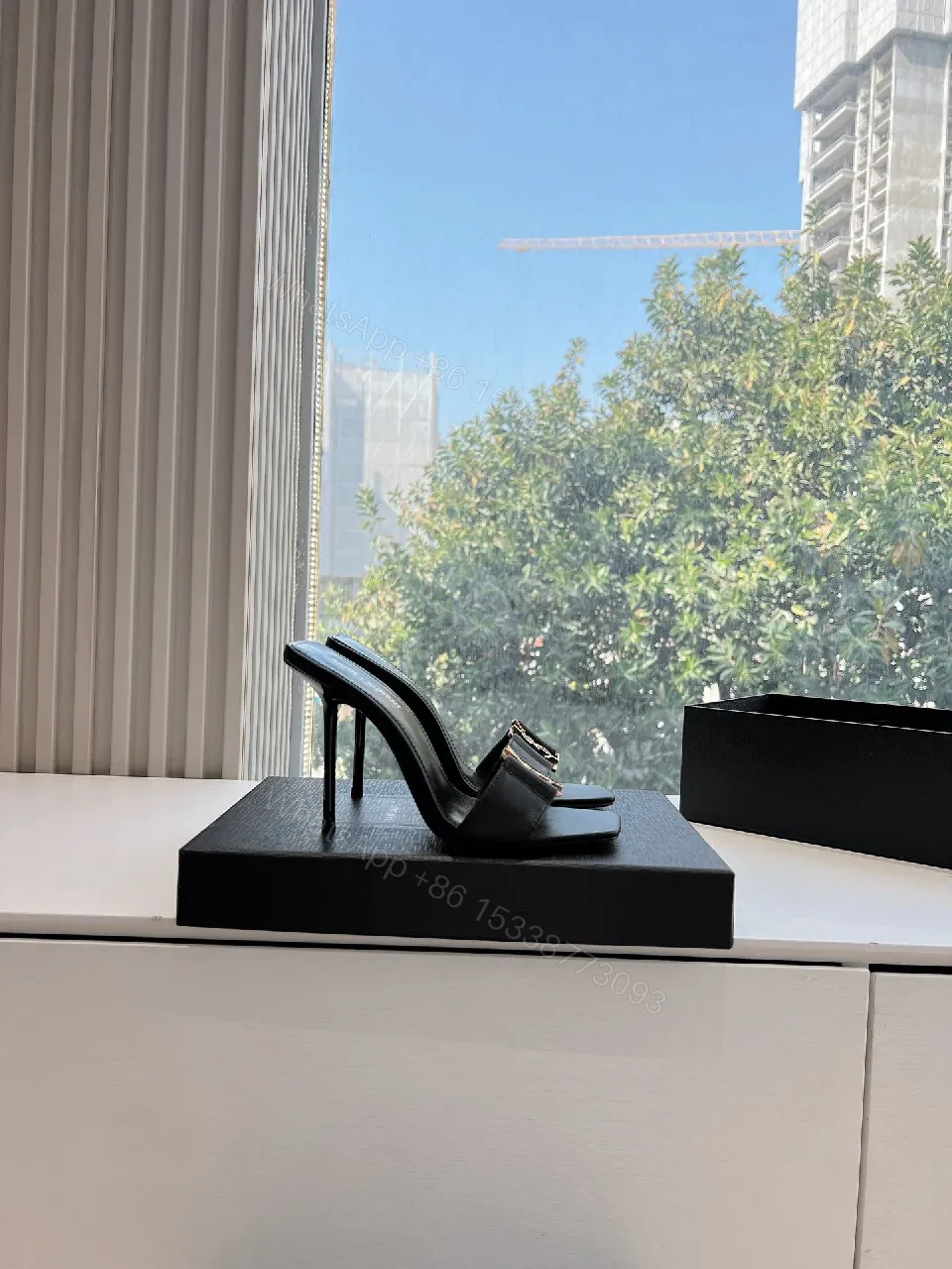 View 6 of Black Satin Mules with YSL Gold Emblem - Luxe Everyday Glam
