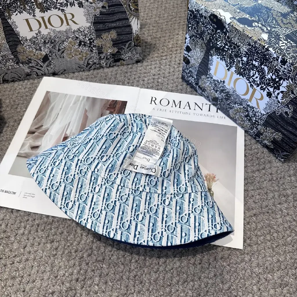 View 10 of Denim Blue Bucket Hat Solid Stitching Crown Embroidered Dior Logo