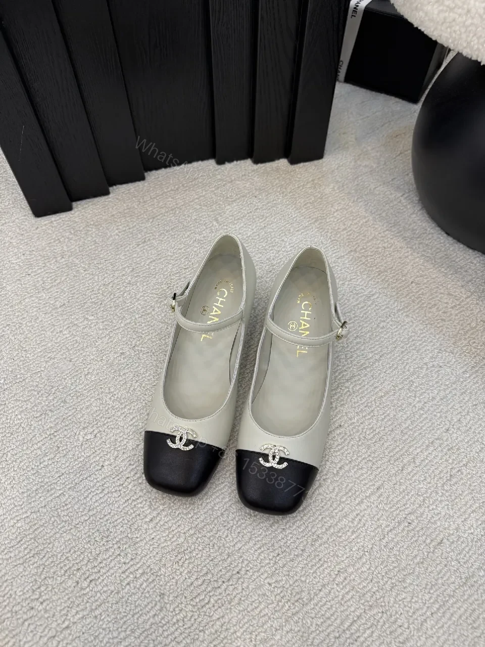 View 6 of Ivory/Black Two-Tone Pumps with Ankle Strap, Classic-Edge Style