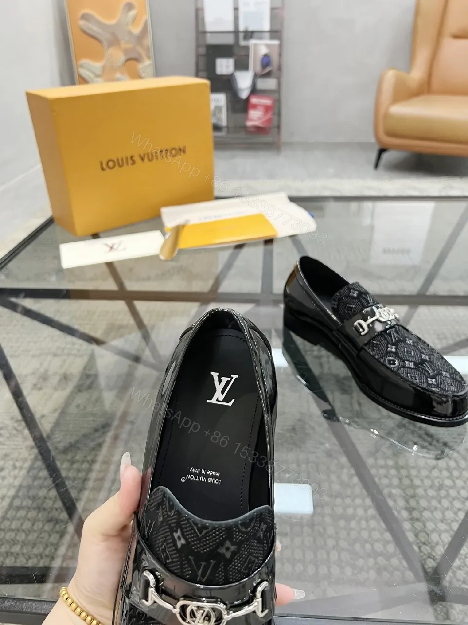 View 6 of Lux Black Patent Leather Loafers with Monogram Texture and Silv