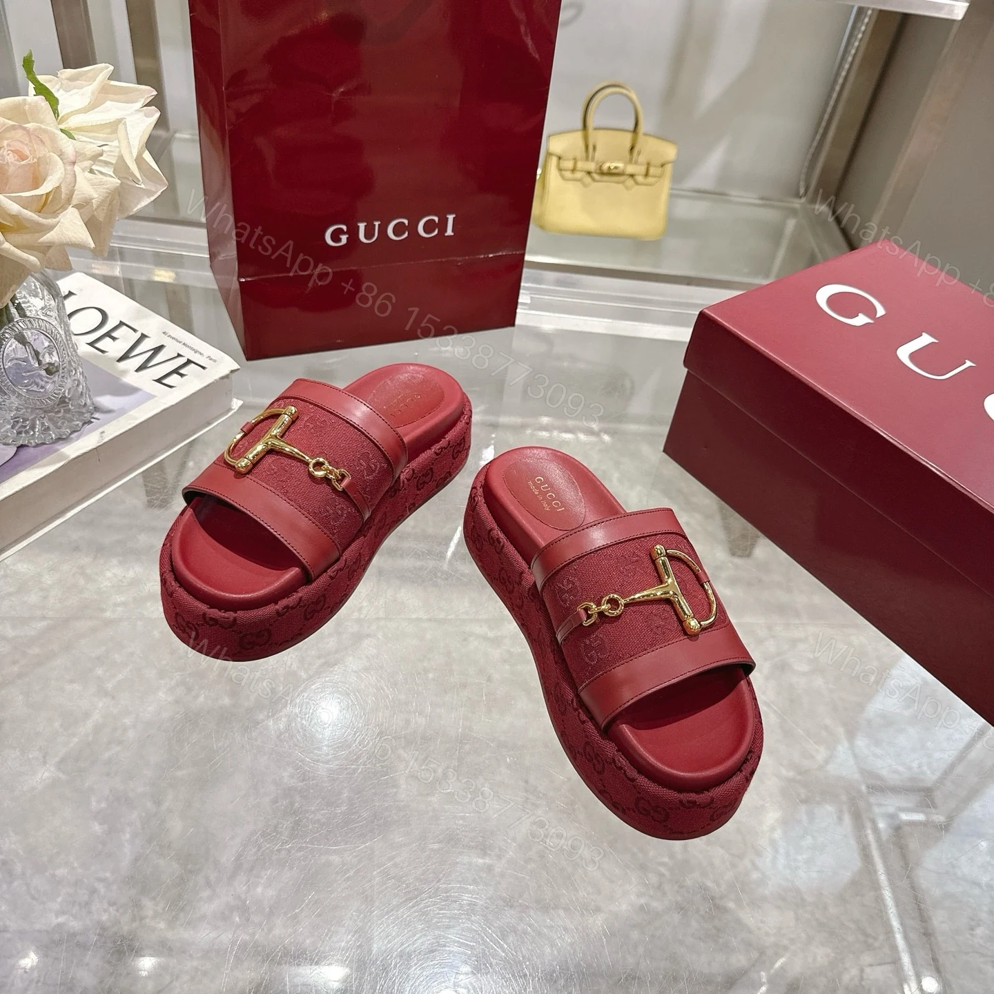 View 4 of GUCCI WOMEN’S PLATFORM SLIDES WITH HORSEBIT BURGUNDY