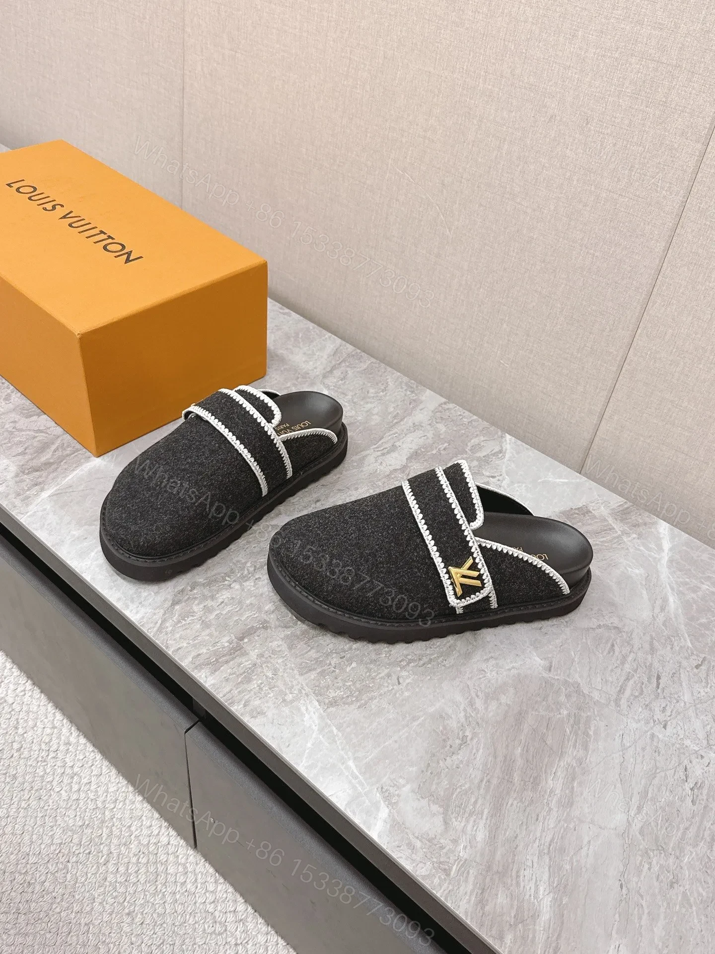 View 3 of LV Women Black Felt Leather Trim Mules