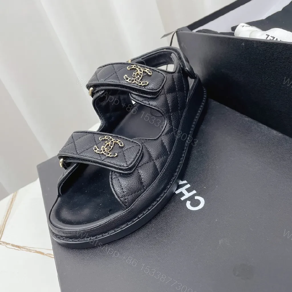 View 3 of Black Leather Sandals with Quilted Detail, Velcro Straps, Cushioned Comfort