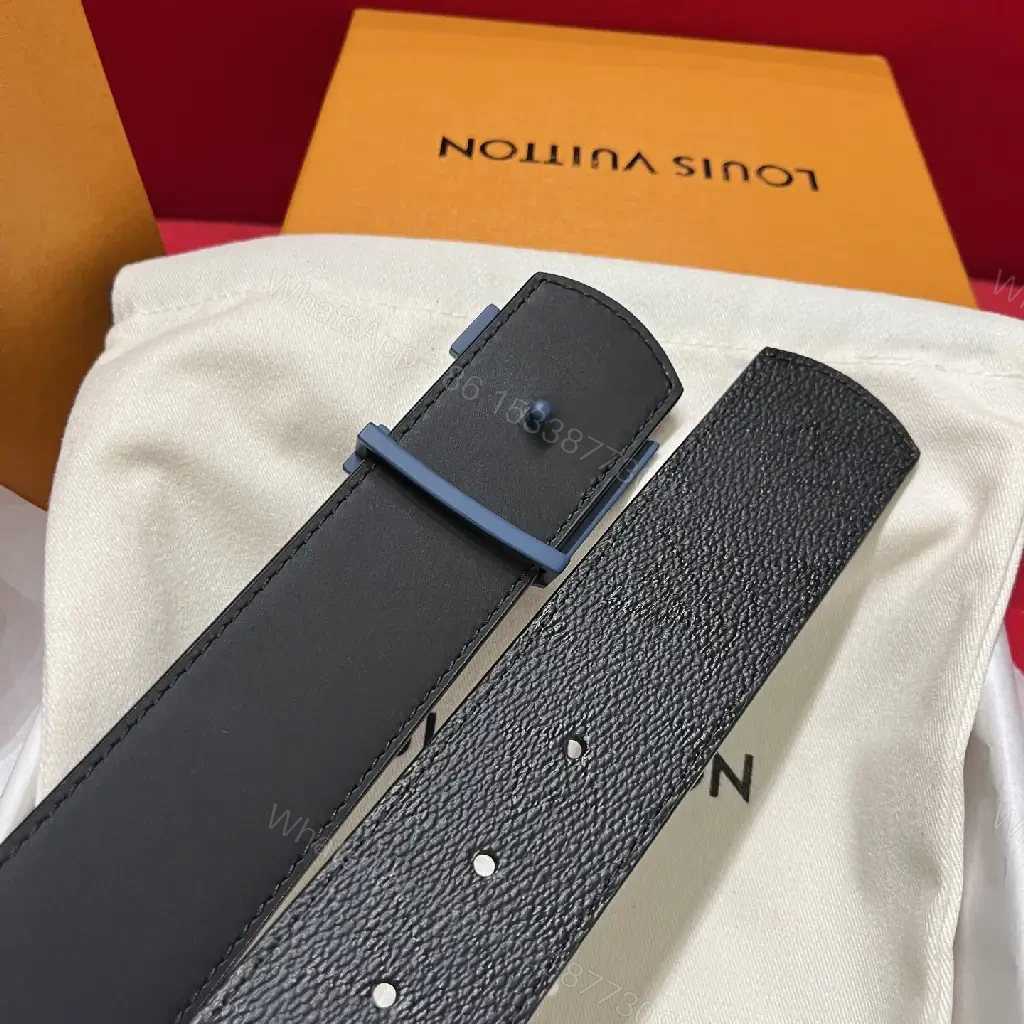 View 5 of Black Leather Belt with Oversized Blue LV Buckle