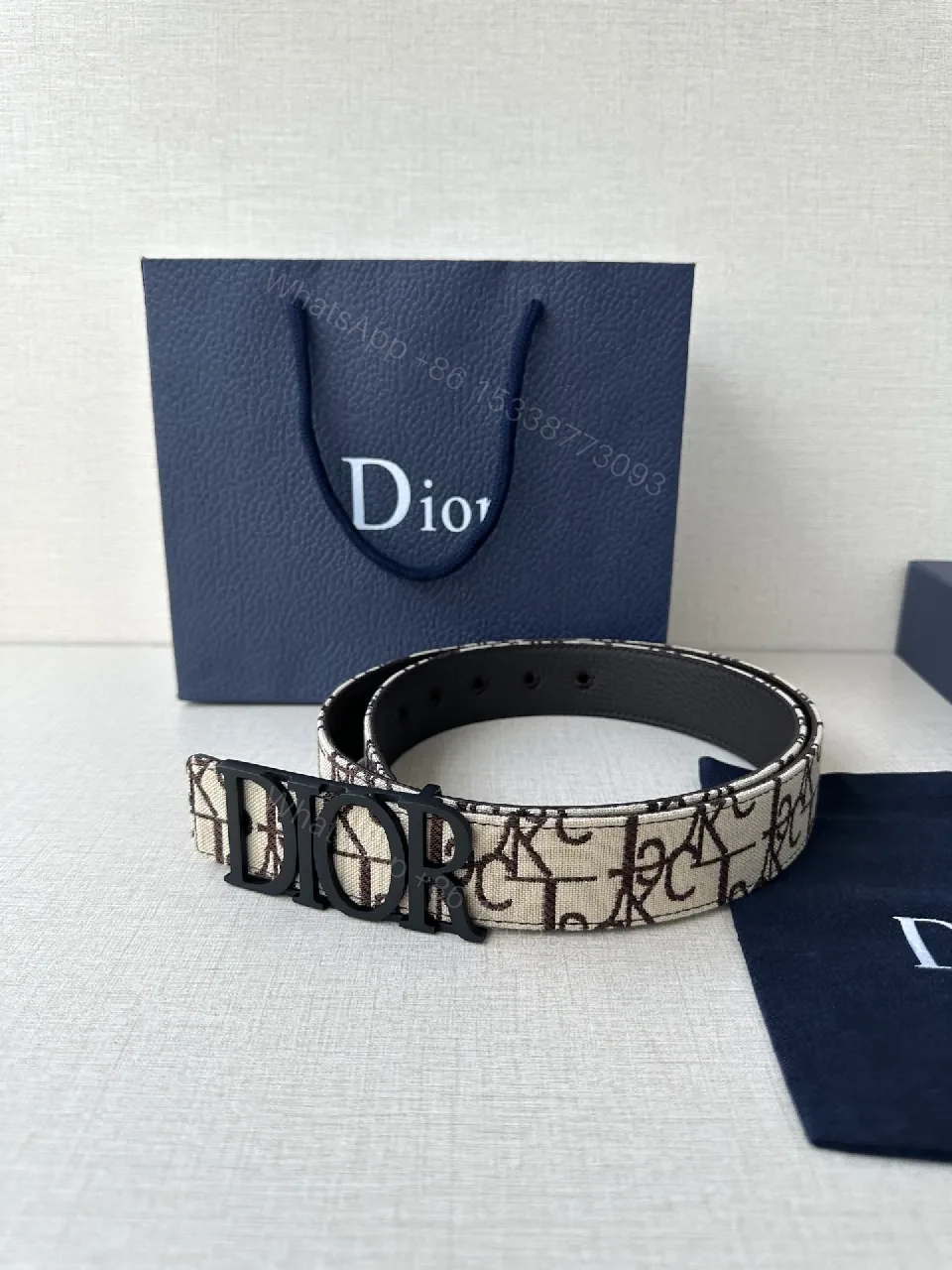 View 2 of Beige Monogram Belt with Luxe Signature Print