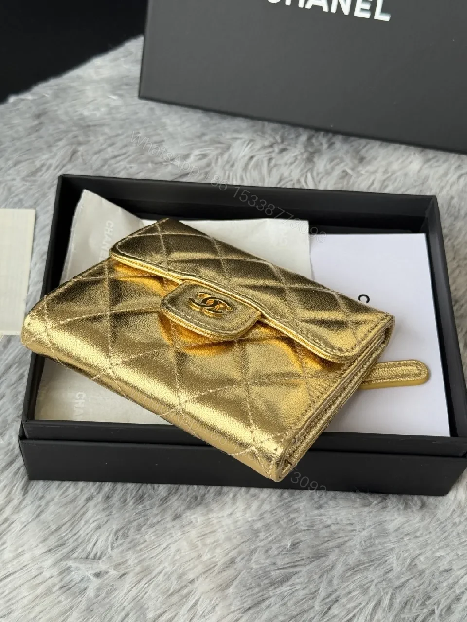 View 3 of Gold Quilted Wallet: Compact Luxury Card Holder & Coin Purse