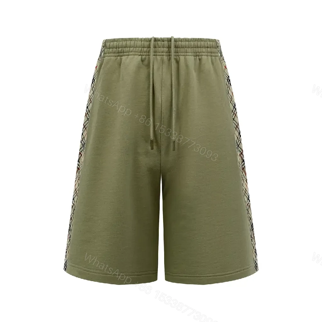 View 4 of Olive Cotton Drawstring Shorts with Plaid Side Stripes