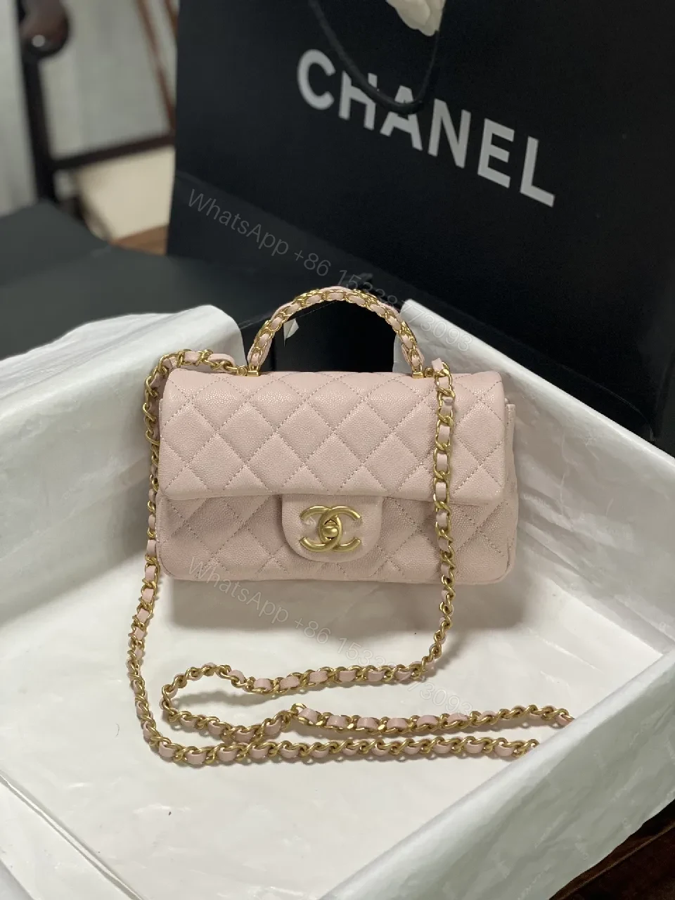 Soft Pink Quilted Mini Bag: Luxe Faux Leather, Gold CC Clasp — view 1