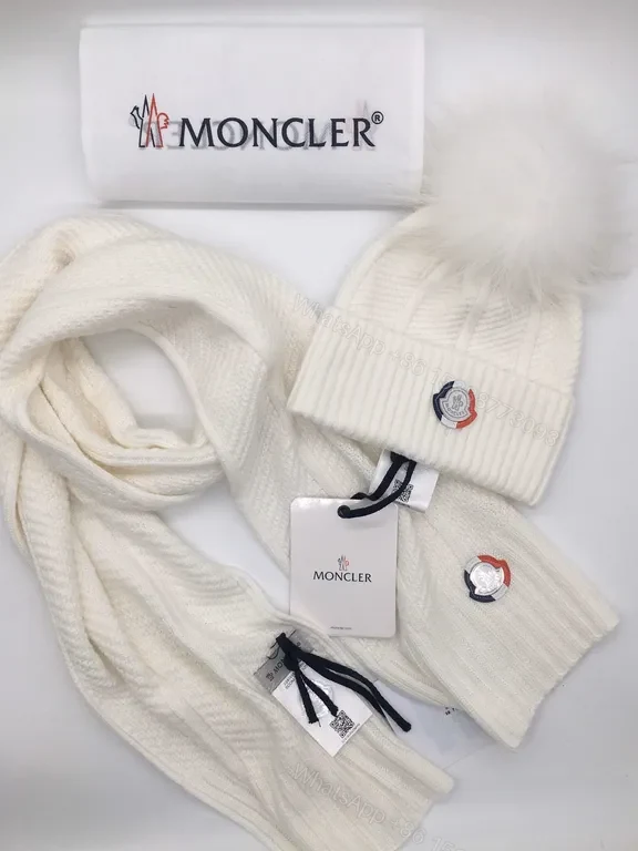 View 4 of Vibrant Red Moncler Knit Set: Scarf & Beanie with Fur Pom-Pom