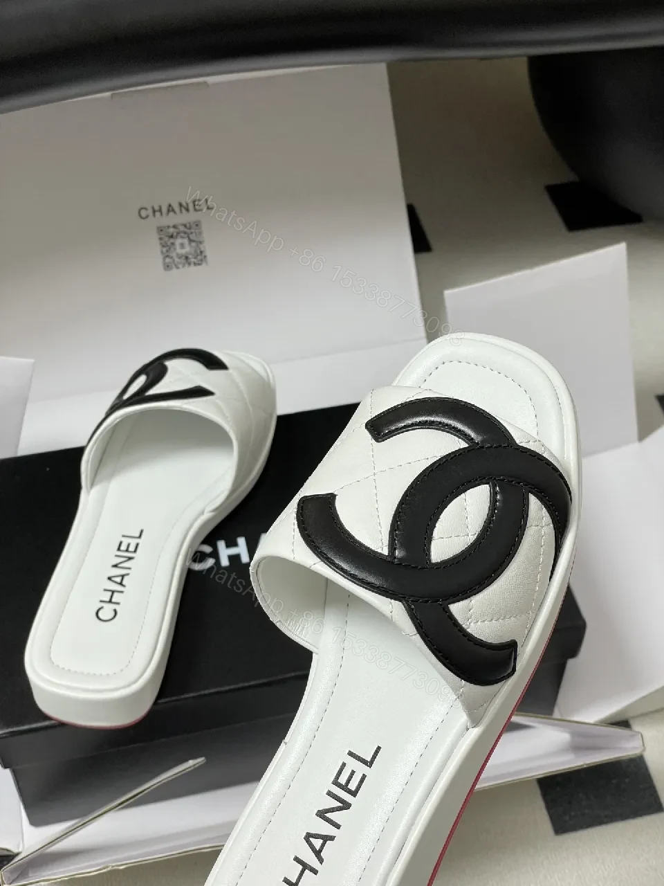 View 6 of White Quilted Leather Slide with Interlocking Logo, Premium Comfort