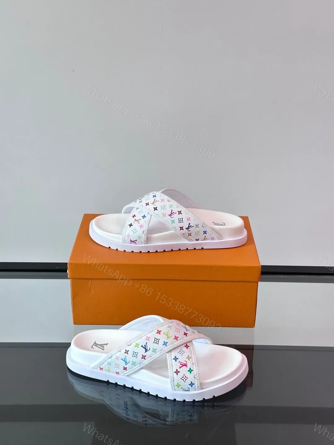 View 4 of LV Men White Multicolor Leather Slides