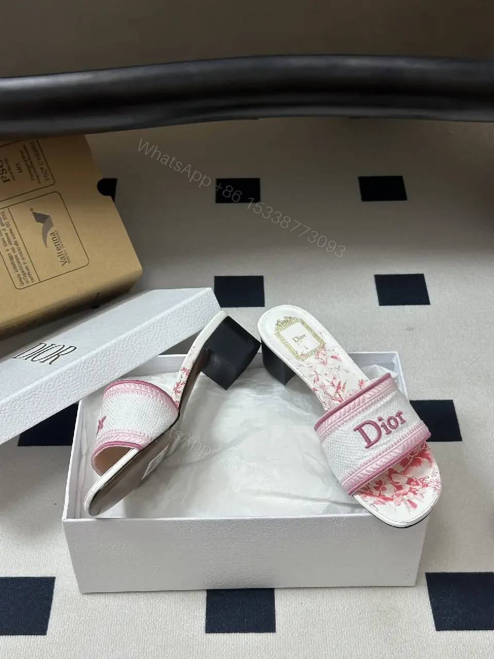 View 4 of pink and white monogram-patterned slide sandals with block heel for everyday luxury