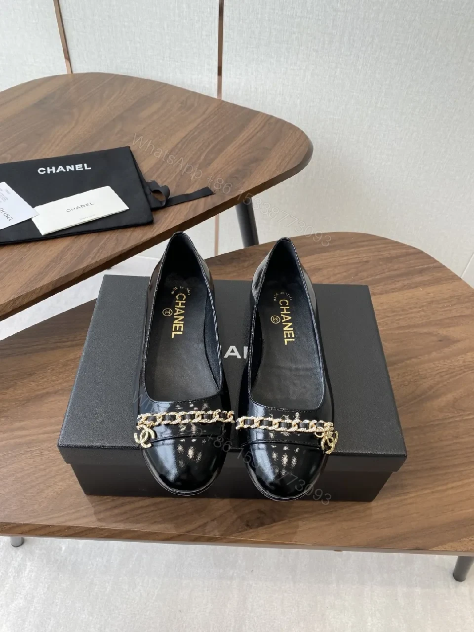 View 8 of Black Leather Ballet Flats with Gold Chain Hardware