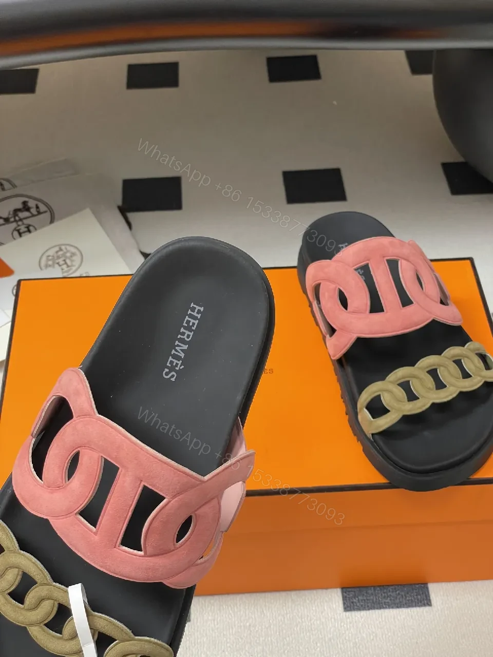 View 2 of Soft-Statement Sandals with Chain Straps: Pink & Beige Suede Style