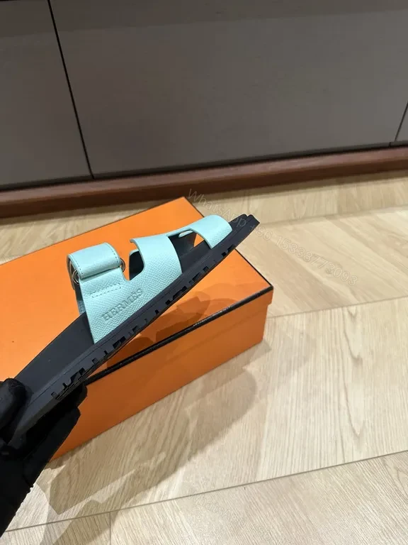 View 6 of Light Blue Leather H-Strap Sandals – Replica Hermes Style