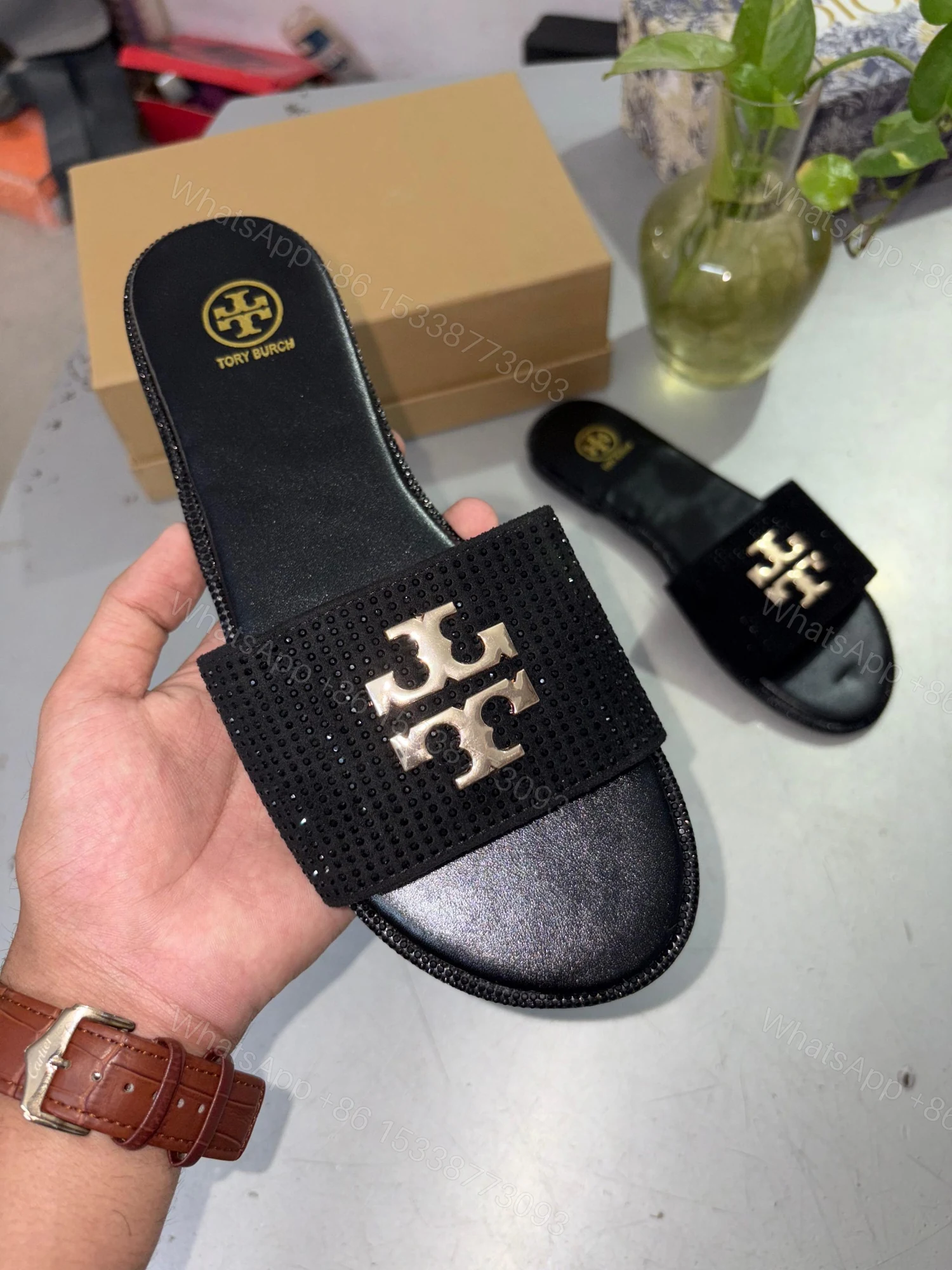 FIRST COPY Tory Burch Everly Slide Sandals Light Black Gold Crystal — view 1