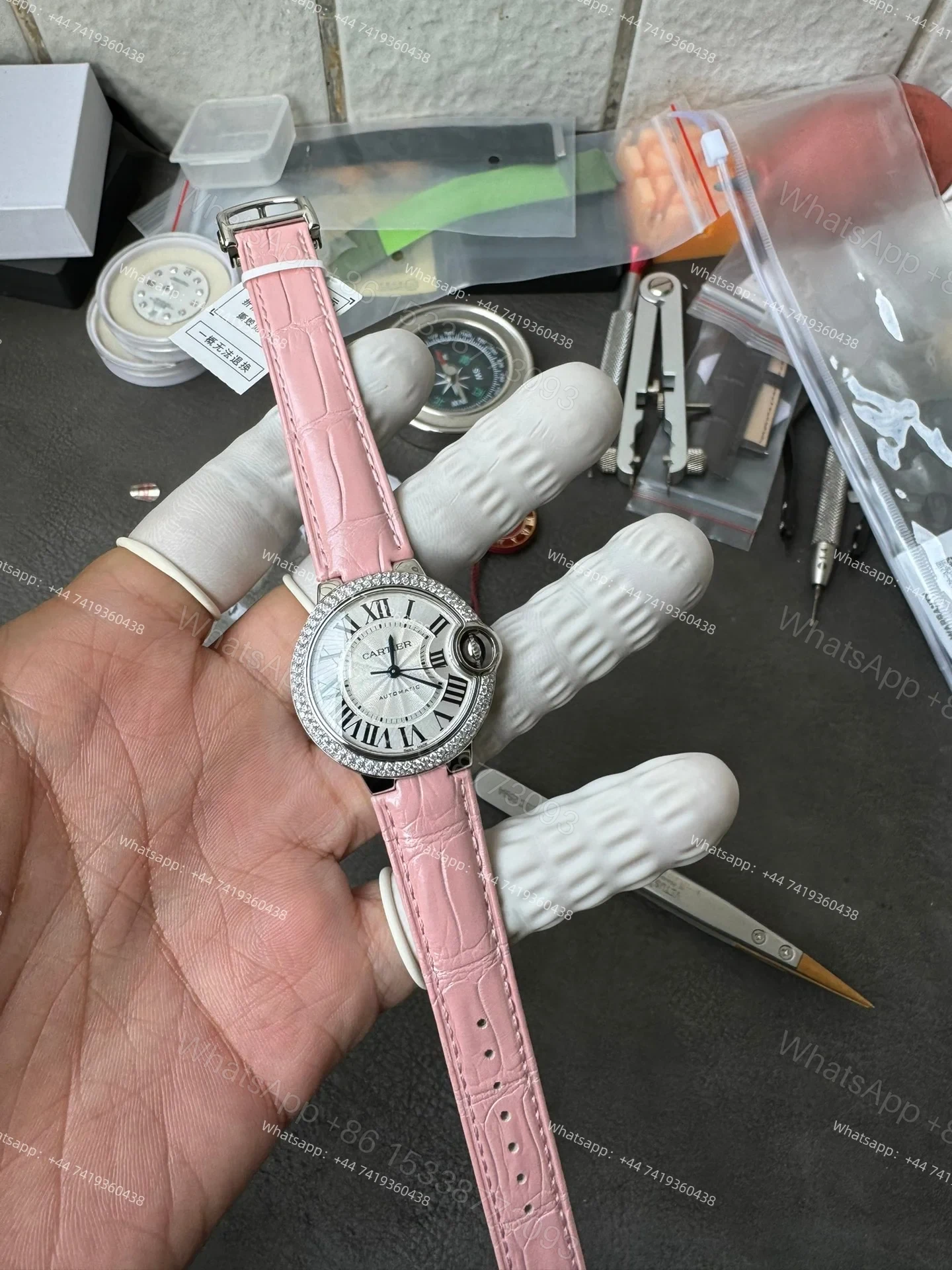 View 14 of Cartier Super Clone Ballon Bleu Diamond Bezel 33MM Pink Leather Strap