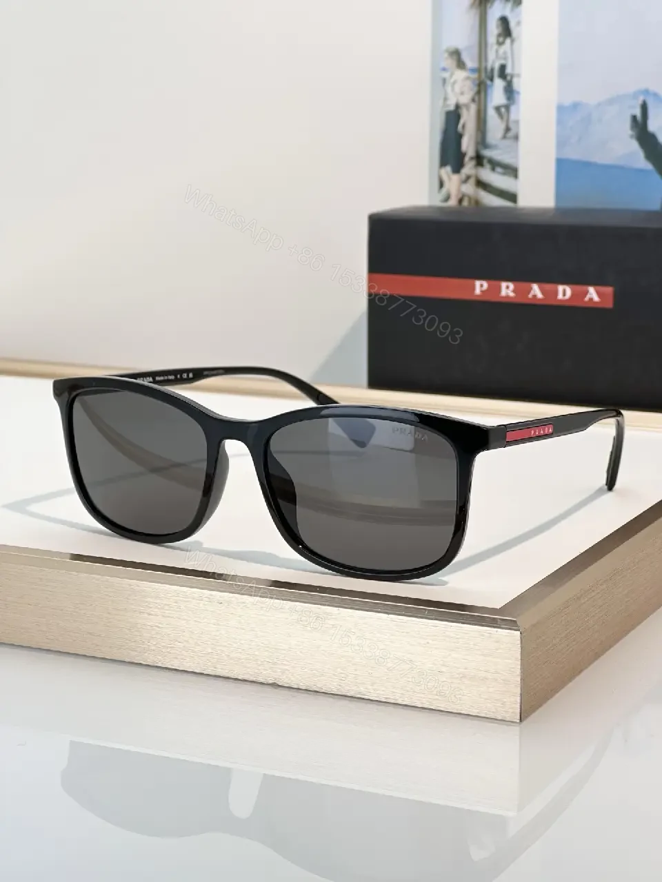 View 5 of Brown Tortoiseshell Sunglasses, Wayfarer-Inspired, Full-Frame, Mottled Pattern, Prada Logo Front