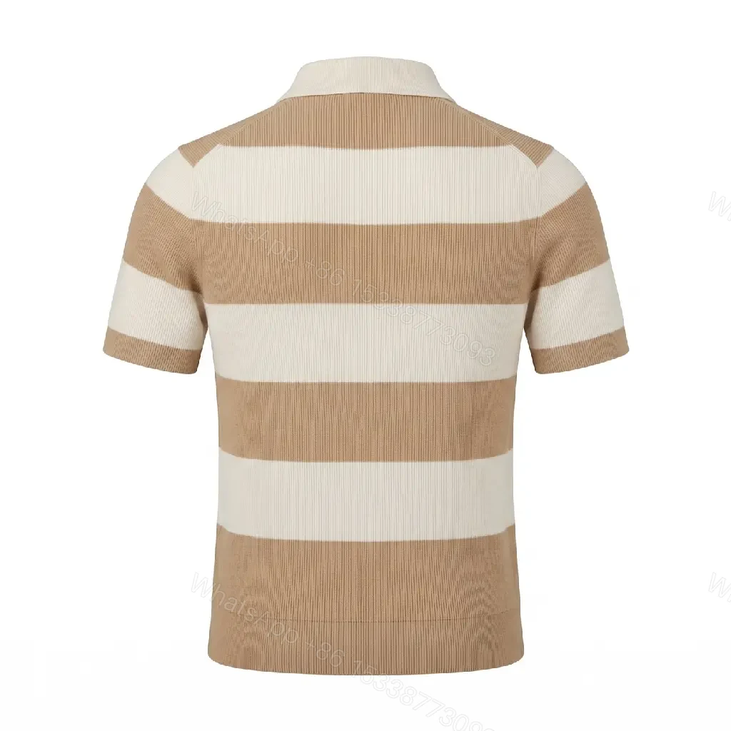 View 4 of Camel & Cream Ribbed Stripe Polo Shirt with Button Placket
