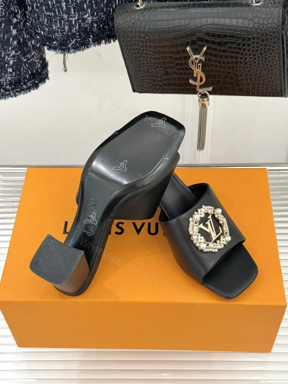 View 3 of Black Leather Slingback Slides — Crystal Emblem, 2" Block Heel