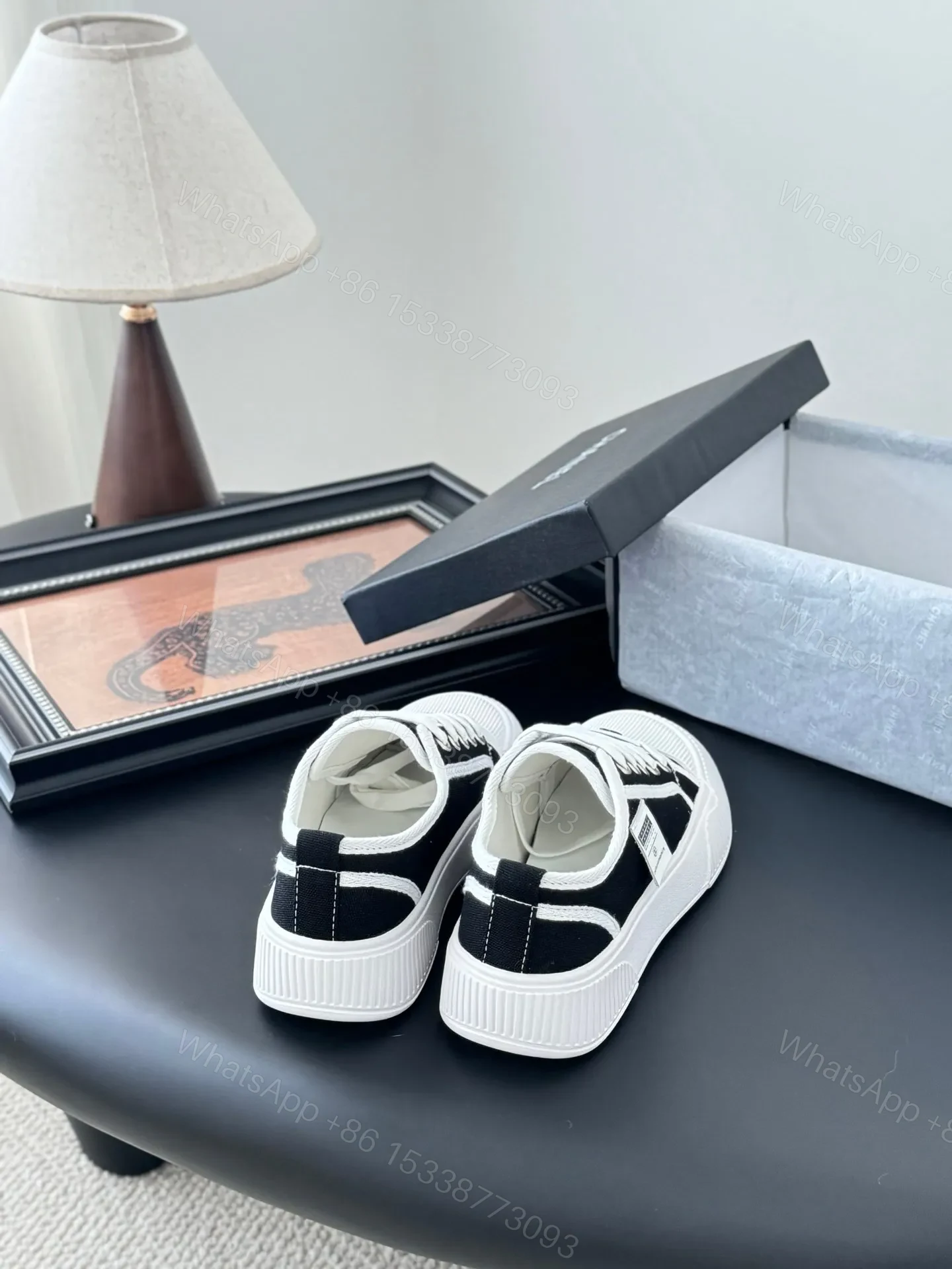 View 3 of Chanel Women Black Canvas White Trim Sneakers