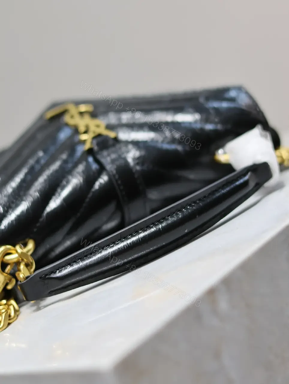 View 8 of Quilted Black Calfskin Crossbody, Luxe Chevron, Compact Carryall