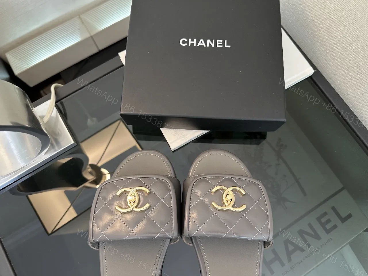 View 5 of Quilted Leather Slides with Gold Logo – Luxe Comfort