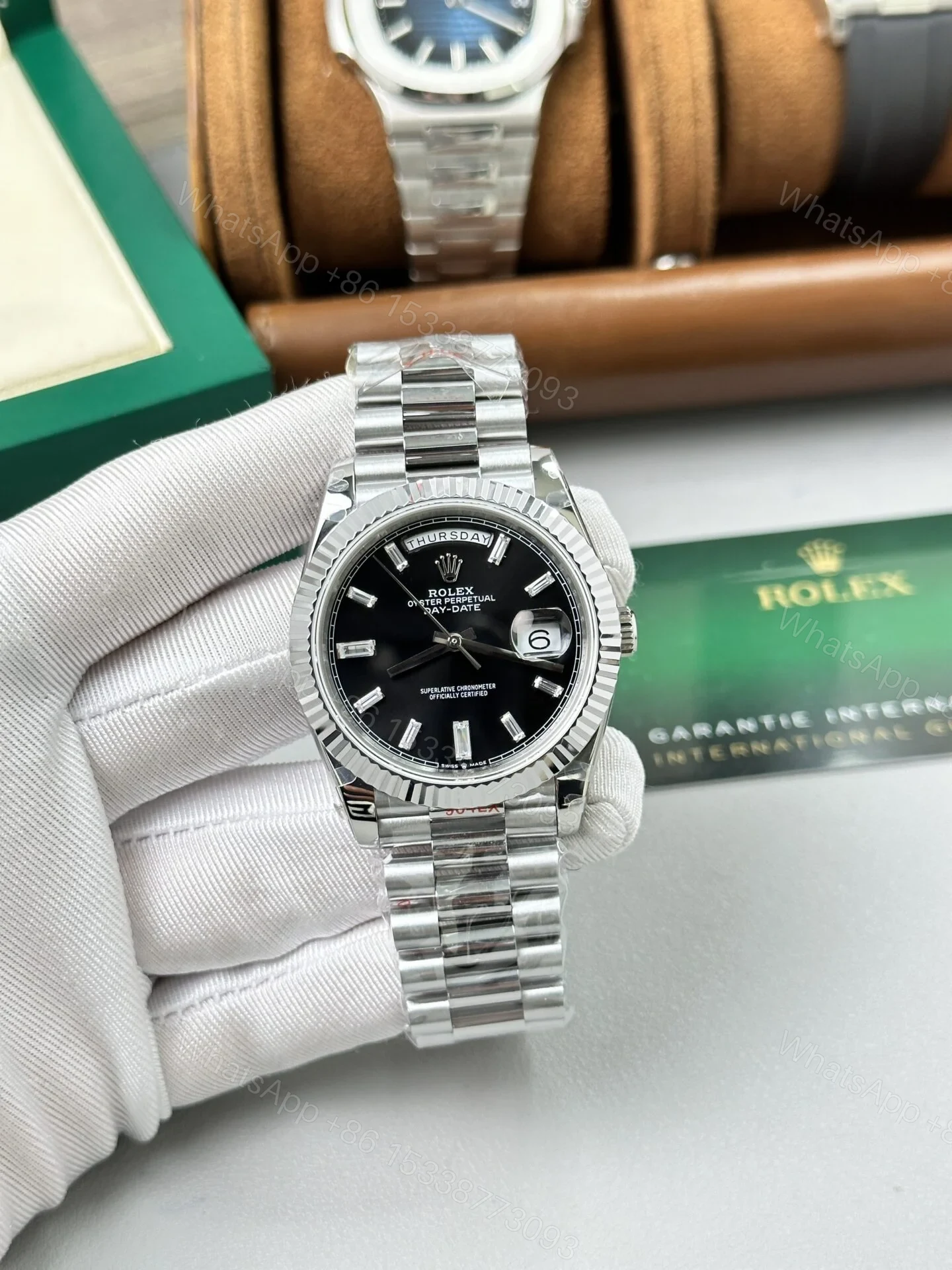 View 2 of Superclone Rolex Day-Date Bright Black Diamond Dial 228236-0004 40 mm
