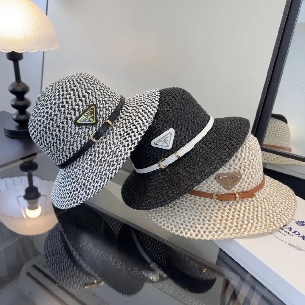 View 4 of Black Straw Weave Fedora Hat with White Band, Gold Hardware, Prada Logo
