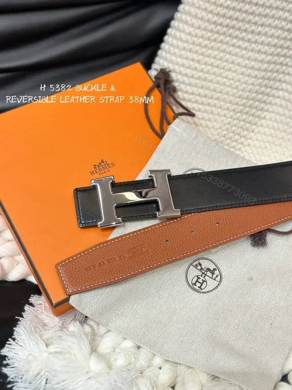 View 6 of Brushed-Hardware Leather Belt with H Buckle â€“ 38mm Luxury