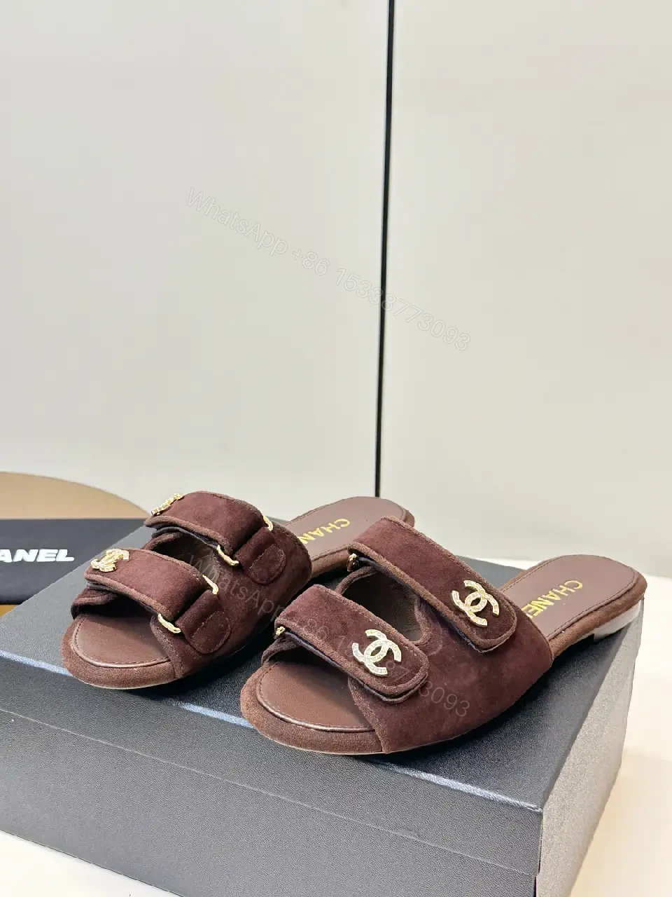 View 5 of Brown Suede Chanel-Inspired Slide Sandals: Comfort Luxury Shoes