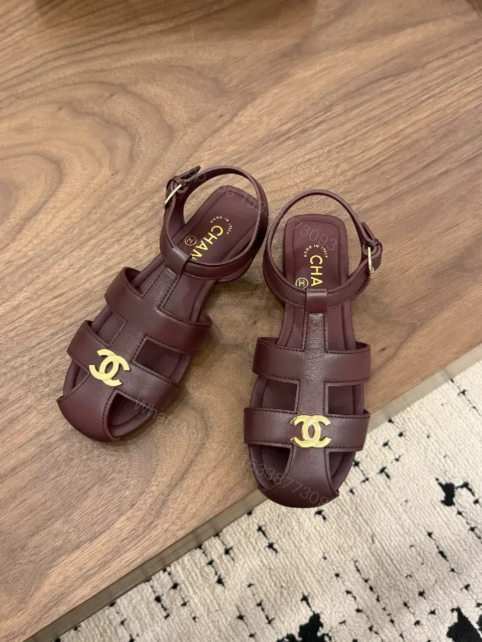 View 8 of Burgundy Leather Gladiator Sandals Gold Logo Chanel Style Sandals