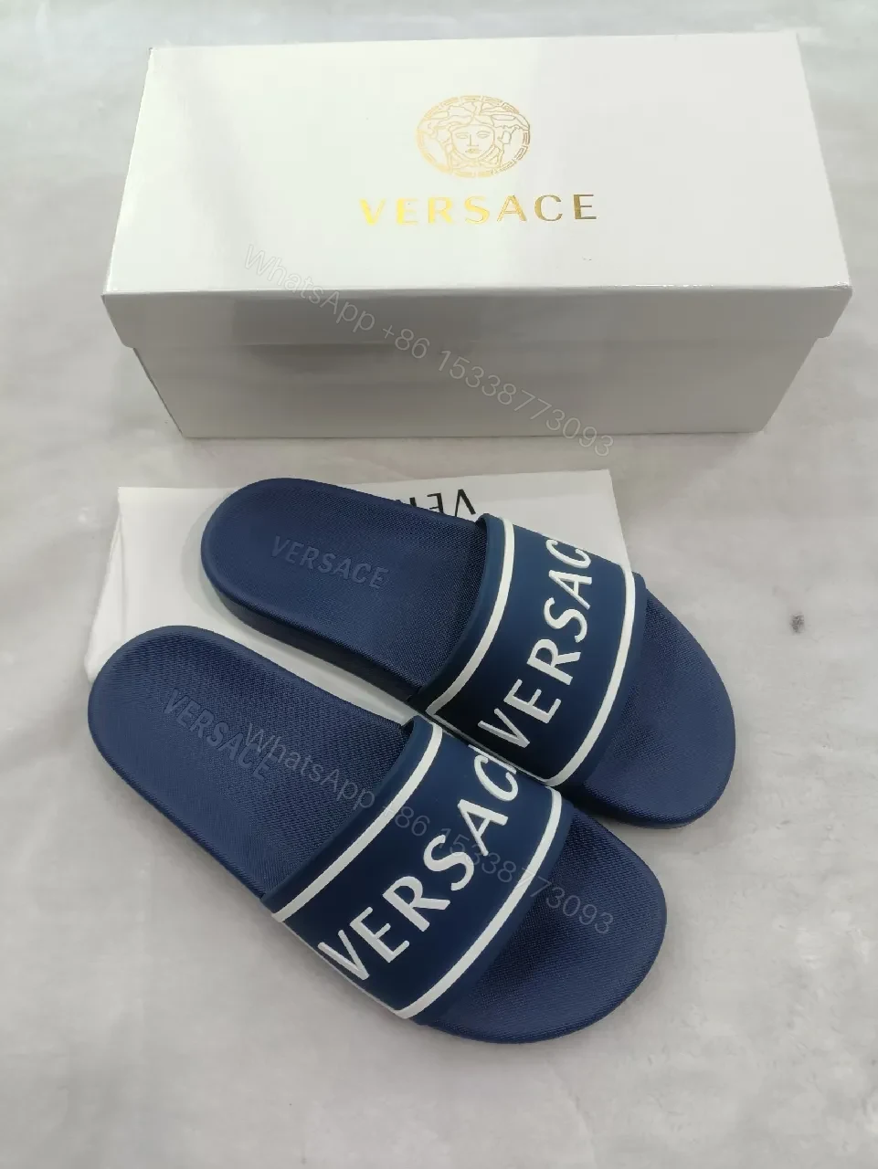Bold Navy Leather Slide: Luxe Logo Strap Comfort Slides — view 1