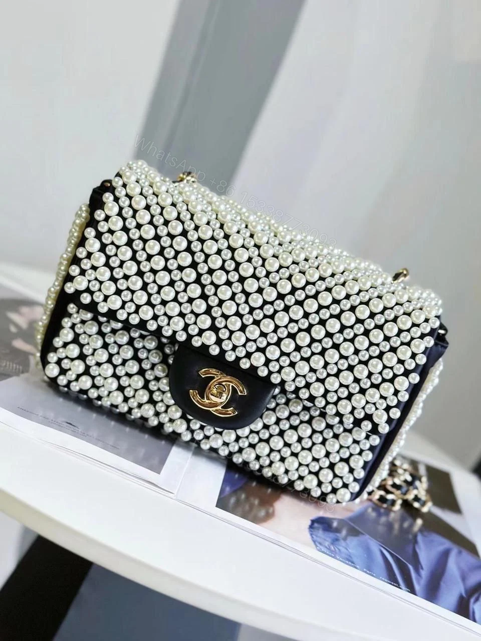 Chanel Pearl Mini Flap Black Satin LGHW — view 1