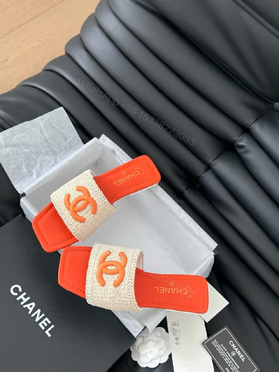 View 4 of Bold Orange-Blocked Chanel-Inspired Slide Sandals