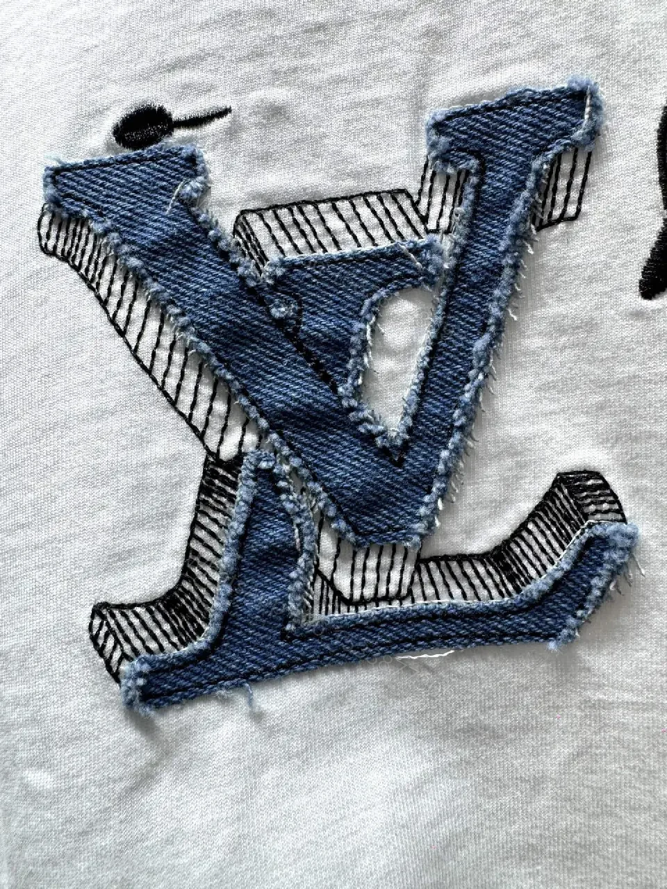 View 9 of White Distressed Tee with LV-Inspired Patch, Short Sleeve, Premium Cotton Blend