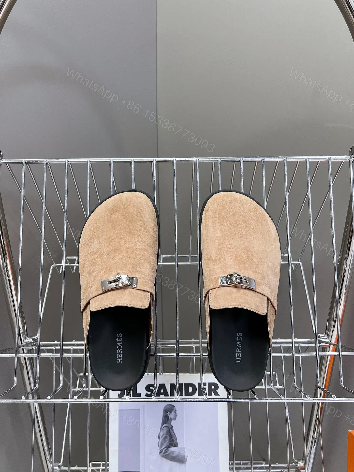 View 4 of Hermes Women Beige Suede Leather Slippers