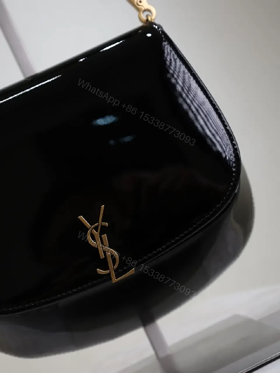 View 4 of Glossy Black Patent Leather Shoulder Bag with Gold Accent